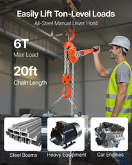 Manual Lever Chain Hoist, 6T 6000KG Capacity Heavy Duty Come Along, 6M Lift G80 Alloy Steel Chain With Dual Pawl Mechanical Brake, 360° Rotating Hooks, for Warehouse Construction Garage