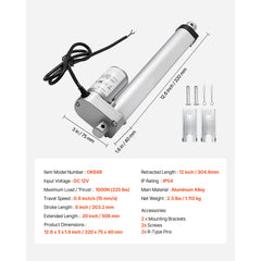 12V Linear Actuator, 203.2mm Stroke 15mm/s High-Speed 1000N Linear Motion Actuator - with IP54 Protection & Mounting Bracket for Lift Desk, Recliner Chairs, Window Door Opener