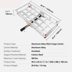 49.4 x 22.4 x 7.1 in Hitch Cargo Carrier, 500lb Capacity Trailer Hitch Mount Aluminum Cargo Basket, Luggage Carrier Rack Fits 2" Hitch Receiver for SUV Truck Pickup Camping