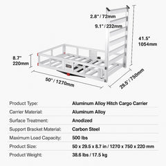 50 x 29.5 x 8.7 in Hitch Cargo Carrier, 500lb Capacity Trailer Hitch Mount Aluminum Cargo Basket with Folding Ramp, Luggage Carrier Rack Fits 2" Hitch Receiver for SUV Truck Pickup Camping