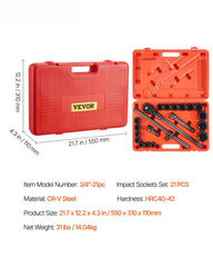 3/4 in Drive Impact Socket Set, 21 Pieces SAE 3/4 in to 2 in, 6 Point Cr-V Alloy Steel for Auto Repair, Easy-to-Read Size Markings, Includes Extension Bars, Ratchet Handle and Storage Case