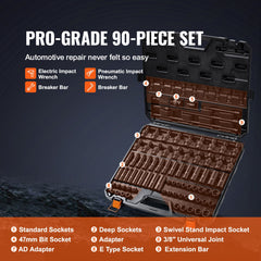 3/8" Drive Impact Socket Set, 90 Piece Socket Set SAE 1/4"-3/4" and Metric 6-19mm, 6 Point Cr-Mo Alloy Steel for Auto Repair, Includes Extension Bars Universal Joint Adapter Lock Storage Case