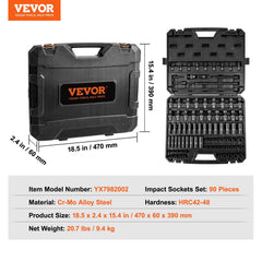3/8" Drive Impact Socket Set, 90 Piece Socket Set SAE 1/4"-3/4" and Metric 6-19mm, 6 Point Cr-Mo Alloy Steel for Auto Repair, Includes Extension Bars Universal Joint Adapter Lock Storage Case