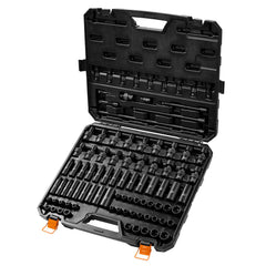 3/8" Drive Impact Socket Set, 90 Piece Socket Set SAE 1/4"-3/4" and Metric 6-19mm, 6 Point Cr-Mo Alloy Steel for Auto Repair, Includes Extension Bars Universal Joint Adapter Lock Storage Case