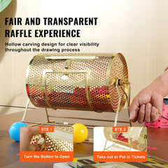 Raffle Drum, 11.6 x Ø7.48 inch Brass Plated Raffle Ticket Spinning Cage, Holds 2500 Tickets or 100 Ping Pong Balls, Metal Lottery Spinning Drawing with Wooden Turning Handle, for Bingo Ballot Pa