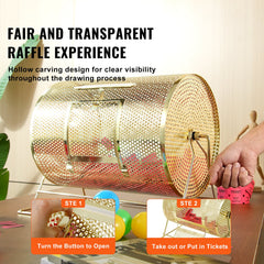 Raffle Drum, 16.1 x Ø12 inch Brass Plated Raffle Ticket Spinning Cage, Holds 5000 Tickets or 200 Ping Pong Balls, Metal Lottery Spinning Drawing with Wooden Turning Handle, for Bingo Ballot Part