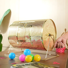 Raffle Drum, 16.1 x Ø12 inch Brass Plated Raffle Ticket Spinning Cage, Holds 5000 Tickets or 200 Ping Pong Balls, Metal Lottery Spinning Drawing with Wooden Turning Handle, for Bingo Ballot Part