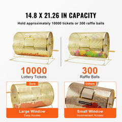 Raffle Drum, 14.8 x Ø21.26 inch Brass Plated Raffle Ticket Spinning Cage, Holds 10000 Tickets or 300 Ping Pong Balls, Metal Lottery Spinning Drawing with Wooden Turning Handle, for Bingo Ballot