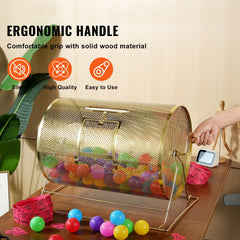 Raffle Drum, 14.8 x Ø21.26 inch Brass Plated Raffle Ticket Spinning Cage, Holds 10000 Tickets or 300 Ping Pong Balls, Metal Lottery Spinning Drawing with Wooden Turning Handle, for Bingo Ballot