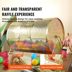 Raffle Drum, 14.8 x Ø21.26 inch Brass Plated Raffle Ticket Spinning Cage, Holds 10000 Tickets or 300 Ping Pong Balls, Metal Lottery Spinning Drawing with Wooden Turning Handle, for Bingo Ballot