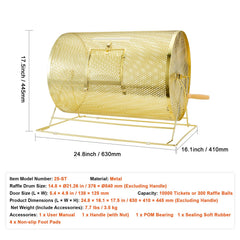 Raffle Drum, 14.8 x Ø21.26 inch Brass Plated Raffle Ticket Spinning Cage, Holds 10000 Tickets or 300 Ping Pong Balls, Metal Lottery Spinning Drawing with Wooden Turning Handle, for Bingo Ballot
