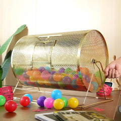 Raffle Drum, 14.8 x Ø21.26 inch Brass Plated Raffle Ticket Spinning Cage, Holds 10000 Tickets or 300 Ping Pong Balls, Metal Lottery Spinning Drawing with Wooden Turning Handle, for Bingo Ballot