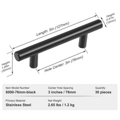 30 Pack Cabinet Pulls, 3in / 76mm Center to Center Slim Kitchen Cabinet Drawer, Stainless Steel Modern Kitchen Cupboard Door Handles for Kitchen Bathroom Bar Hardware Matte Black