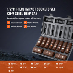 1/2" Drive Impact Socket Set, 11 Piece Deep Socket Set SAE 3/8"-1", 6 Point CR-V Alloy Steel for Auto Repair, Easy-to-Read Size Markings, Rugged Construction, Includes Storage Case