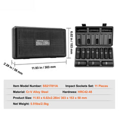 1/2" Drive Impact Socket Set, 11 Piece Deep Socket Set SAE 3/8"-1", 6 Point CR-V Alloy Steel for Auto Repair, Easy-to-Read Size Markings, Rugged Construction, Includes Storage Case