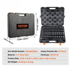 1/2" Drive Impact Socket Set, 65 Piece Socket Set SAE 3/8" to 1-1/4" and Metric 10-24mm, 6 Point Cr-V Alloy Steel for Auto Repair, Rugged Construction, Easy-to-Read Size Markings, Storage Case