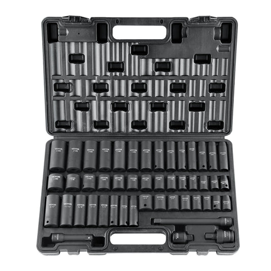 3/8" Drive Impact Socket Set, 48 Piece Socket Set SAE (5/16" -3/4") & Metric (8-22mm)6 Point Cr-V Drive Extension Bar Universal Joint & Power Drill Adapter Includes Storage Case