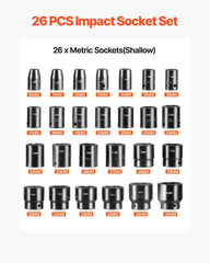 Impact Sockets Set 1/2 Inch Drive 26PCS Standard Length Impact Set 6-Point