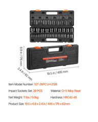 Impact Sockets Set 1/2 Inch Drive 26PCS Standard Length Impact Set 6-Point