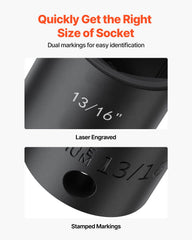 Impact Socket Set 1/2 Inches 19 Piece Impact Sockets, Standard Socket Assortment, 1/2 Inches Drive Socket Set Impact Standard SAE (3/8 Inches to 1-1/2 Inches) 6-point Hex Sockets