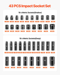 Impact Socket Set 43 Piece Impact Sockets, Standard Socket Assortment, Drive Socket Set 6-Point Sockets Metric 9-30mm (Standard/Deep)
