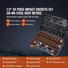 1/2" Drive Deep Impact Socket Set, 34pcs Socket Set Metric (8-36mm) 6 Point Cr-MO Alloy Steel for Auto Repair, Rugged Construction, Includes Heavy Duty Storage Case