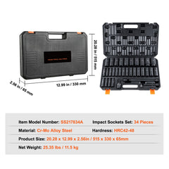 1/2" Drive Deep Impact Socket Set, 34pcs Socket Set Metric (8-36mm) 6 Point Cr-MO Alloy Steel for Auto Repair, Rugged Construction, Includes Heavy Duty Storage Case