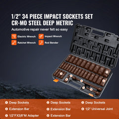 1/2" Drive Deep Impact Socket Set, 34pcs Socket Set Metric (8-36mm) 6 Point Cr-MO Alloy Steel for Auto Repair, Rugged Construction, Includes Heavy Duty Storage Case
