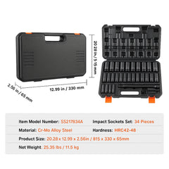1/2" Drive Deep Impact Socket Set, 34pcs Socket Set Metric (8-36mm) 6 Point Cr-MO Alloy Steel for Auto Repair, Rugged Construction, Includes Heavy Duty Storage Case