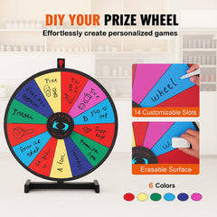 24 inch Spinning Prize Wheel, 14 Slots Tabletop Spinner, Heavy Duty Roulette Wheel with a Dry Erase and 2 Markers, Win Fortune Spin Games in Party Pub Trade Show Carnival