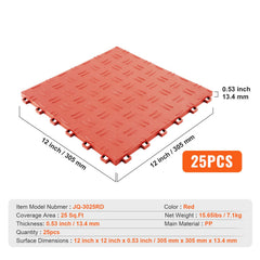 Garage Tiles Interlocking, 12 x 12 x 0.53 inch 25 Pack Garage Floor Covering Tiles, Non-Slip Double-Sided Texture Garage Flooring Tiles, for Garages, Basements, Repair Shops, Red