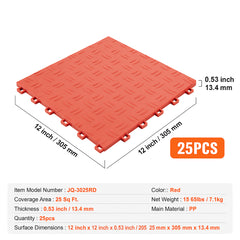 Garage Tiles Interlocking, 12 x 12 x 0.53 inch 25 Pack Garage Floor Covering Tiles, Non-Slip Double-Sided Texture Garage Flooring Tiles, for Garages, Basements, Repair Shops, Red