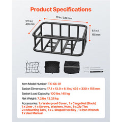 Rear Bike Basket Large Bicycle Basket with Cargo Net Rainproof Cover Liner