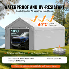 Carport Replacement Canopy Cover Top + Side Wall 10 x 20 ft, Garage Tent Shelter Tarp Heavy-Duty Waterproof & UV Protected, Easy Installation with Ball Bungees,White (Frame Not Included)