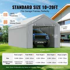 Carport Replacement Canopy Cover Top + Side Wall 10 x 20 ft, Garage Tent Shelter Tarp Heavy-Duty Waterproof & UV Protected, Easy Installation with Ball Bungees,White (Frame Not Included)