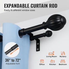 Double Rod Curtain Rods, 36-72 inches(3-6ft) Adjustable Length, Black Double Curtain Rods with Round Finials, 1" and 3/4" Diameter, Double Window Drapery Rod for Sheer and Blackout Curtains