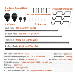Double Rod Curtain Rods, 36-72 inches(3-6ft) Adjustable Length, Black Double Curtain Rods with Round Finials, 1" and 3/4" Diameter, Double Window Drapery Rod for Sheer and Blackout Curtains