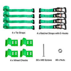 Wheel Chock Tie-Down Kit, Chock-Style Trailer Tie Down Strap, Car Tie Down Kit with Buckle, Break Strength 1986.73 kg & Working Load 662 kg Motorcycle Tie-Down System E-Hooks for ATVs, UTVs