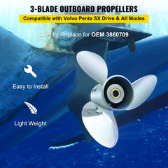 Outboard Propeller, Replace for OEM 3860709, 3-Blade 14.5\" x 21\" Pitch Steel Boat Propeller, Compatible with Volvo Penta SX Drive All Models, with 19 Tooth Splines, RH