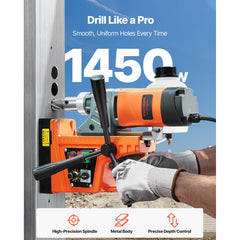 Magnetic Drill, 1450W Motor 2 in Boring Diameter, 2878 lbf Portable Electric Mag Drill Press, with 6 Coring Bits, Variable Speed, Drilling Machine for Metal Surface, Home Improvement Industry