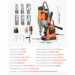 Magnetic Drill, 1450W Motor 2 in Boring Diameter, 2878 lbf Portable Electric Mag Drill Press, with 6 Coring Bits, Variable Speed, Drilling Machine for Metal Surface, Home Improvement Industry