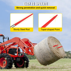 Hay Spear 32" Bale Spear 1350 lbs Capacity, Bale Spike Quick Attach Square Hay Bale Spears 1.4" Wide, Red Coated Bale Forks, Bale Hay Spike with Hex Nut & Sleeve for Buckets Tractors Loaders