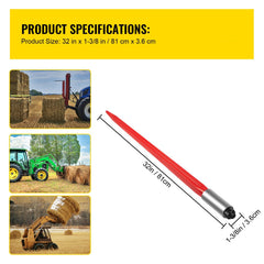 Hay Spear 32" Bale Spear 1350 lbs Capacity, Bale Spike Quick Attach Square Hay Bale Spears 1.4" Wide, Red Coated Bale Forks, Bale Hay Spike with Hex Nut & Sleeve for Buckets Tractors Loaders