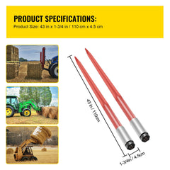 Pair Hay Spear 43" Bale Spear 3000 lbs Capacity, Bale Spike Quick Attach Square Hay Bale Spears 1 3/4", Red Coated Bale Forks, Bale Hay Spike with Hex Nut & Sleeve for Buckets Tractors Loaders