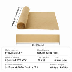 Burlap Fabric Roll, 1016 mm x 22.86 m & 50 x 50 Density Wide Natural Burlap Fabric Rolls, Jute Fabric Burlap Tree Wrap Roll, for Decor, Crafts, Wedding, Gardening, Plant & Tree Winter Covering