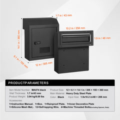Through The Door Key Drop Box, Heavy Duty Steel Through the Door Mailbox with 12" Combination Lock, Mail Drop Box, Black
