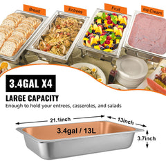4 Pack Hotel Pan 3.7" Deep Steam Table Pan Full Size with Lid 20.8"L x 13"W Hotel Pan 22 Gauge Stainless Steel Anti Jam Steam Table Pan