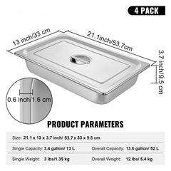 4 Pack Hotel Pan 3.7" Deep Steam Table Pan Full Size with Lid 20.8"L x 13"W Hotel Pan 22 Gauge Stainless Steel Anti Jam Steam Table Pan