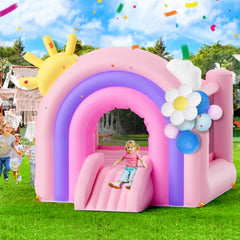 Inflatable Bounce House, Indoor Outdoor Playhouse Trampoline, Kid Jumping Bouncer with Blower, Slide, Storage Bag, Family Backyard Bouncy Castle, for Girls Boys Ages 3_8 Years, 2.8x2.3x2.3m