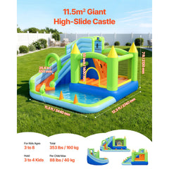 Inflatable Bounce House, 3.4 x 3.74 x 2.13 m Inflatable Bounce House Water Slide, Bouncer Castle with Castle Bounces, Basketball Hoop, Splash Pool & Water Ring Toss, for 3 to 4 Kids Ages 3 to 8